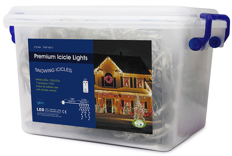 Vivoİ 320 White LED Christmas Icicle Lights with 8 Mode Chaser Function, Remote Control and Hard Plastic Carry Storage Box Indoor Outdoor Xmas Mains Powered with Memory Function (2016 Version)