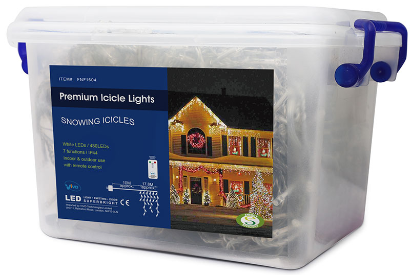 Vivoİ 480 White LED Christmas Icicle Lights with 8 Mode Chaser Function, Remote Control and Hard Plastic Carry Storage Box Indoor Outdoor Xmas Mains Powered with Memory Function (2016 Version)