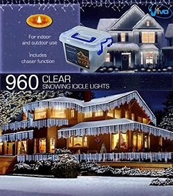 Add a review for: Vivo 960 White LED Christmas Icicle Lights with 8 Mode Chaser Function and Hard Plastic Carry Storage Box Indoor Outdoor Xmas Mains Powered with Memory Function
