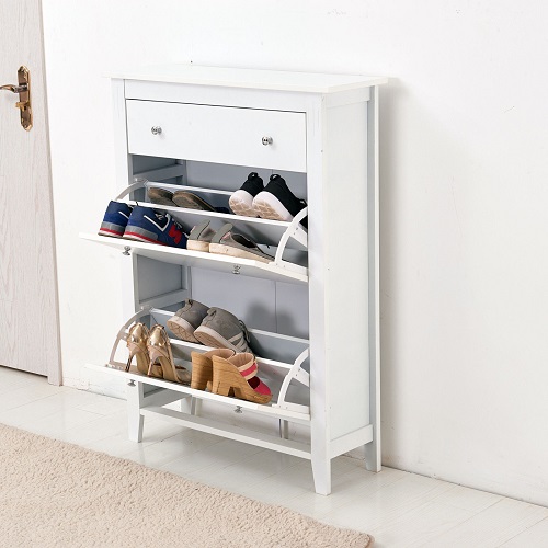 Shoe Storage Wood Cabinet Cupboard Rack Deluxe with Storage Drawer in White