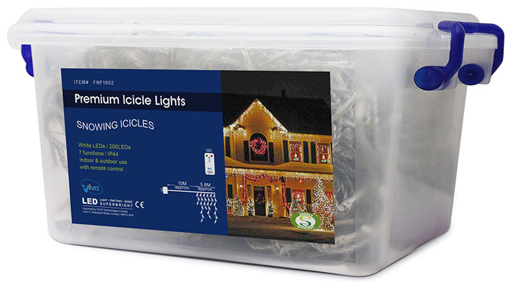 Add a review for: Vivo 200 White LED Christmas Icicle Lights with 8 Mode Chaser Function, Remote Control and Hard Plastic Carry Storage Box Indoor Outdoor Xmas Mains Powered with Memory Function (2016 Version)