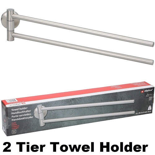 2 Arm Wall Mounted Towel Holder Rack Rail Bar Stainless Steel Swing Swivel Tier