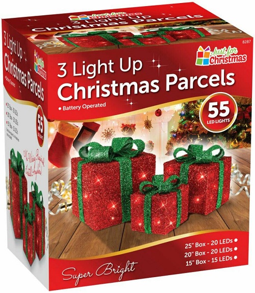 Set of 3 Light Up Christmas Present Parcels Decorations for Under the Tree LED