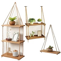 Solid Natural Wood Floating Shelves Rustic Wooden Hanging Rope Wall Shelf