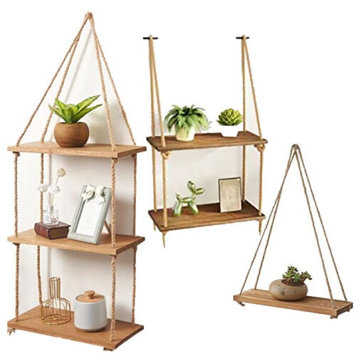 Solid Natural Wood Floating Shelves Rustic Wooden Hanging Rope Wall Shelf