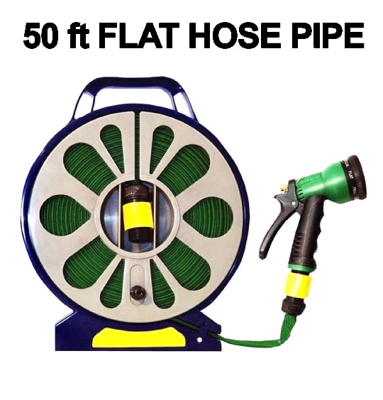 New Garden 50ft Flat Hose Pipe Spray Gun Nozzle With Stand Hobby Gardening