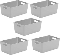 GREY- Vivo Technologies 5 Pack Storage Boxes with Handle,Plastic Portable Storage Baskets Rectangular Container Boxes,Strong Cupboard Storage Boxes for Storage