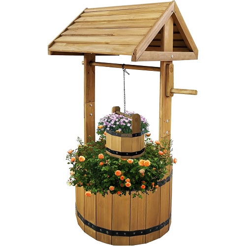 Large Wooden Wishing Well Planter Large Solid Pine Garden Plant Flower Pot Decor