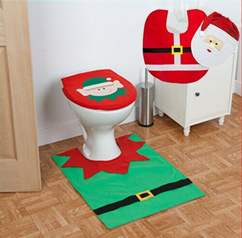 Santa Clause / Elf Toilet Seat Cover & Floor Mat Bathroom Father Christmas Xmas