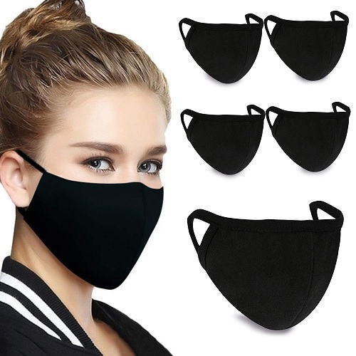 5 PCS KEPLIN Cotton Anti-dust Mouth Face Mask Cover, 2-Layer Unisex Reusable Fashion Washable face mask (Pack 5, Black)