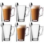 6 Latte Coffee Glasses & Spoons Cappuccino Lattes Tea Glass Cups Hot Drink Mugs