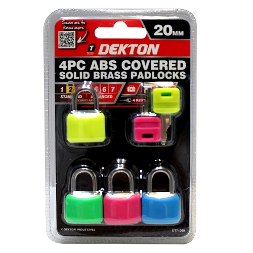 Dekton 4pc 20mm Solid Brass Padlock Assorted Colours