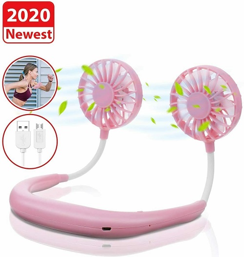 Portable Mini Fan Neckband Lazy Neck Hanging Style Cooler USB Rechargeable 7938 - Pink