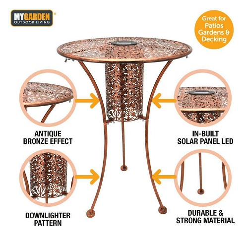 Metal Round Filigree Silhouette Garden Patio Bistro Table With Solar LED Lights