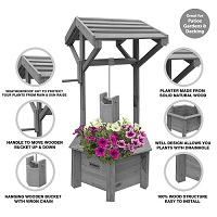 Grey Wooden Wishing Well Garden Planter | Indoor | Outdoor | Solid Natural Wood