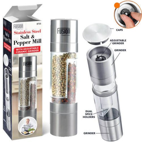  2-in1- Salt and Pepper Grinder Mill Adjustable Ceramic Grind Stainless Steel