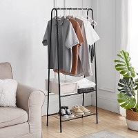 AH300 Clothes Rail Rack with Shelves Coat Rack Organiser Clothes Stand and Rack with Garment Rail with Top Rod for Home Office Hallway Bedroom Black 59x34x151cm