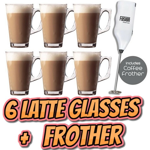 6 X Latte Coffee Glasses and Cappuccino Frother Lattes Tea Glass Cups Mugs Set