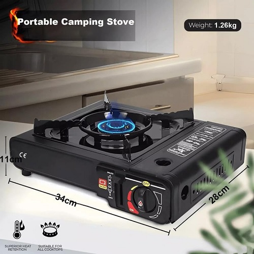Black Portable Camping Stove with Cary Case,Camping Stove Automatic Ignition System,Outdoor Grill Plate Compact Outdoor Cooker Butane Gas,BBQ Cooker Caravan Outdoor