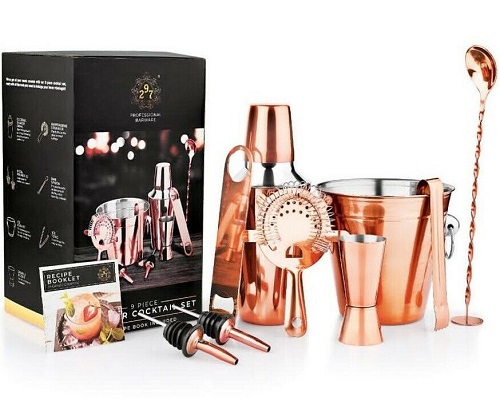 Manhattan 9pc Copper Plated Stainless Steel Cocktail Set Shaker Glass Bar Tong 297041