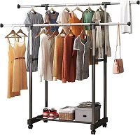 Vivo Technologies Double-rail Adjustable Tidy Rack Mobile Garment Rack Clothes Clothing Rail Stand on Castor Wheels with Hanging Rail and Storage Shelf