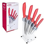 5pc Kitchen Knife Block Set - Bread Utility Fruit Chef Knives and Acrylic Stand - Red