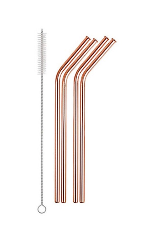 EFG1283 Pack of 4 Rose Gold Stainless Steel Drinking Straw With Cleaning Brush Reusable