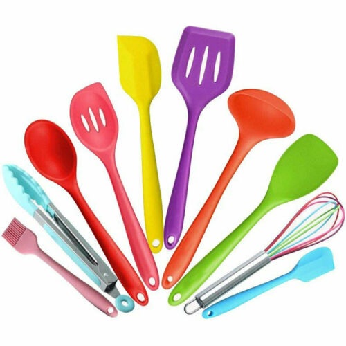 10pc Colour Cooking Kitchen Utensil Set Heat Resistant Silicone Soft Grip Handle