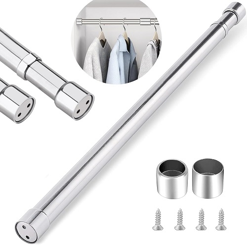  Stainless Steel Wardrobe Rail Extendable Adjustable Clothes Rail Pole with End Sockets Heavy Duty Wardrobe Rod Clothing Hanging Tube 88-160cm