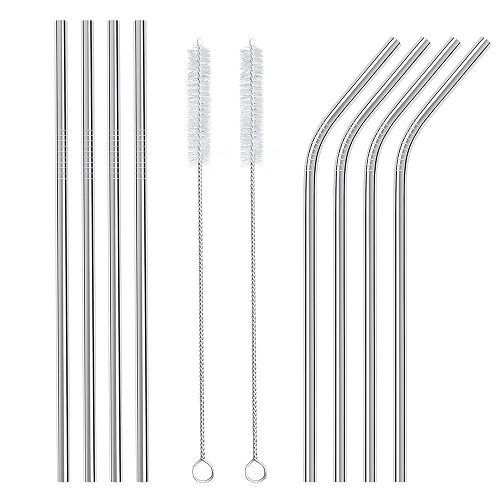 1 SET - Stainless Steel Straws Reusable 8 Set, Metal Drinking Straws with 2 Cleaning Brush for Smoothie, Milkshake, Cocktail and Hot Drinks