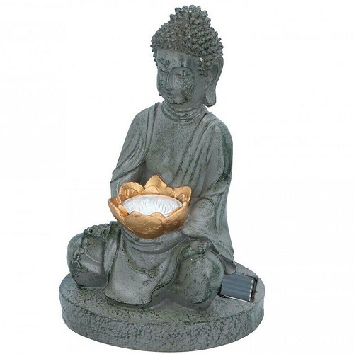 Garden Ornament Solar Powered Buddha Stone Effect Outdoor Statue LED Light 27cm