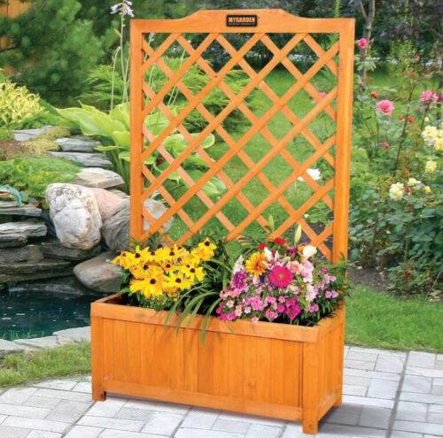 Large Rectangular Garden Planter With Trellis Support Wooden Outdoor ...