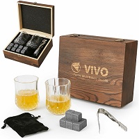 Premium Whisky Stone Set with 2 Whiskey Glasses Wooden Box Tongs Velvet Pouch
