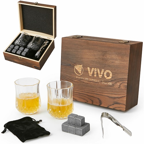 Premium Whisky Stone Set with 2 Whiskey Glasses Wooden Box Tongs Velvet Pouch