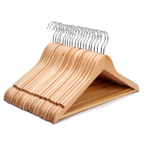  Pack of 20 High Quality Strong Natural Wood Wooden Coat Hangers with Round Trouser Bar and Shoulder Notches (Pack of 20